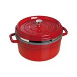 Staub 1004352 Cast Iron Roaster/Cocotte, With Steam Insert, Round 26 cm, 5.2 L, With Matte Black Enamel Inside the Pot, Cherry Red