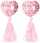 WLLHYF 1 Pair Women Reusable Breast Pasties, Valentine's Day Heart-Shaped Breast Bra with Sequins Tassel Adhesive Nipple Cover Stickers (pink)