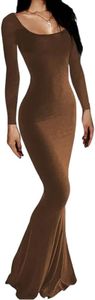 Rongseng Vestito Donna Maniche Lunghe Aderente Abito Lungo con Scollo Quadrato Sexy Tinta Unita Maxi Bodycon Vestito Elasticizzato Abito da Cocktai per Feste e Cerimonie Discoteca