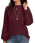 IWOLLENCE Women's Waffle Knit Blouse Puff Long Sleeve Lace Tops Casual Loose T Shirts Wine Red Large