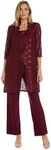 R&M Richards Womens 3 Pc Metallic Lace Tank Top and with Sheer Jacket Business Suit Pants Set, Merlot, 14 US