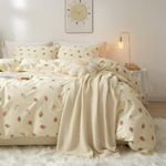 Lanqinglv Double Duvet Cover Set Creme for Kids Girls Strawberry Bedding Cute Kawaii Comforter Cover 200x200 cm with Zipper Closure and 2 Pillowcases 50x75 cm