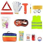 Car Emergency Breakdown Safety Kit 13-in-1 Vehicle Europe Roadside Assistance Travel Kit with Jump Leads,Tow Rope,Warning Triangle,Hi-Vis Vest,Emergency Hammer/Rain poncho/Blanket etc