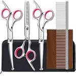 Bamlue 6 in 1 Professional Stainless Steel 4CR Safety Round Tip Dog Grooming Scissors, Anti-Rust Shears Cat Grooming Scissors Pet Kit, Thinning Straight Comb for Long Short Hair-Pink