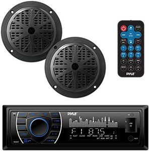 Pyle Marine Headunit Receiver Speaker Kit - In-Dash LCD Digital Stereo Built-in Bluetooth & Microphone w/ AM FM Radio System 5.25’’ Waterproof Speakers (2) MP3/SD Readers & Remote Control-PLMRKT46BK