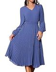 GRACE KARIN Ladies Elegant Chiffon Pleated Dress with Sleeves V-Neck Wedding Guest Ocassion Dresses Haze Blue XL