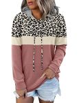 BETTE BOUTIK Womens Leopard Casual Hoodies Long Sleeve Drawstring Pullover Hooded Sweatshirts Pink Color Block Blouses Tops with Pocket X-Large Fall