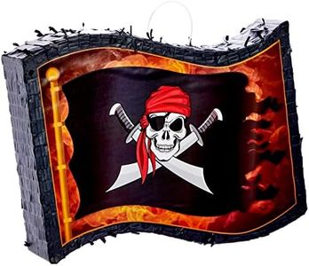 BLUE PANDA - Pirate Pinata Flag for Kids Birthday Party Decorations, Halloween, Skull and Crossbones Design (Small, 12x15.7x3 in)