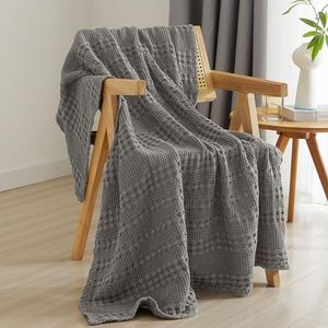 PHF 100% Cotton Waffle Weave Throw Blanket - Lightweight Washed Cotton Throw Blanket for Spring & Summer - 50"x60" Breathable and Skin-Friendly Blanket for Couch Bed and Office- Dark Grey