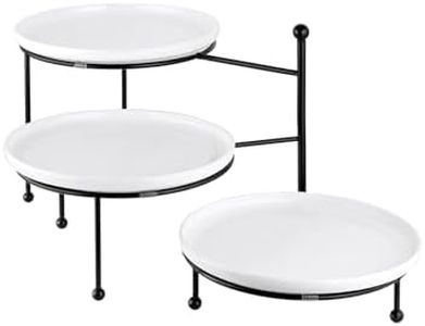Yedio 3 Tiered Serving Stand with White Porcelain Plates, 10" Round Tray, Dessert Table Display Set, Round Dishes with Black Metal Display Stand for Veggie, Fruit, Cookies, Black