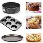 TrendyTrolley 3 Pc Cake Baking Combo Set - Round Cake Tin| Pizza Pan & Muffin Cupcake Tray Non Stick Springform Removable Bottom |Microwave Safe Moulds