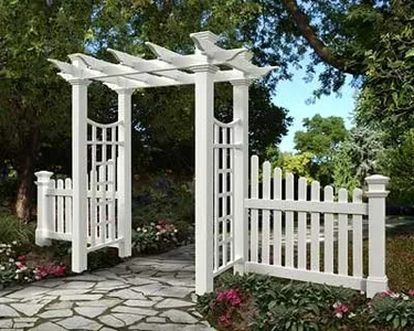 Vita New England Fairfield Deluxe 80" W x 92.4" H White Vinyl Arbor with Cottage Picket Wings, Flat-Top Garden Arch Arbor, Garden Fence, Wedding Arch for Ceremony