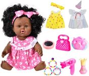 12 inch Black Baby Doll - 3 Sets Dress Lifelike Black Baby Doll Clothes Accessories - African American Baby Black Dolls for Girls - Including Headband, Camera, Beads, Bag, Comb for Birthday