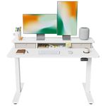 FEZIBO Height Adjustable Electric Standing Desk with Double Drawer, 120 * 60cm Stand Up Table with Storage Shelf, Sit Stand Desk with Splice Board, White Frame/White Top