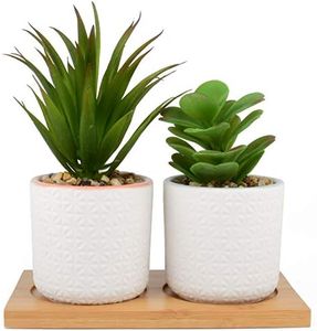 IMPRESA Set of 2 Artificial Succulent Plants, Fake Plants in White Ceramic Pots with Bamboo Tray, 6.5” Tall