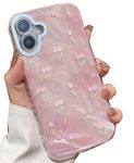 mobistyle Designed for iPhone 16 Camera Lens Protection |Tulip Pattern Print Design for Women Teen Girls Phone Back Cover Case iPhone 16 (Bling Tulip Pink)