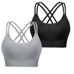 Leversic Sports Bra for Women Padded Yoga Bra Mid Impact Sports Bra Strappy Cross Back Crop Top for Fitness Yoga Gym(Black+Grey,L)