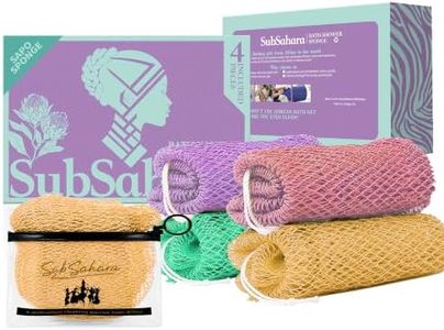 SubSahara Authentic African Net Sponge, 4 Pack 45-Inch Exfoliating Bath Sponge and Shower Loofah for Body and Back, Colorfast Quick-Dry Knotted Mesh Scrubber with Travel Pouch