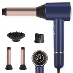 PARWIN PRO BEAUTY Air-Sonic Hair Dryer with Diffuser, HD-LED Display & 110, 000 RPM High Speed Ionic Blow Dryer, 32mm Left & Right Air Auto-Wrap Curlers, Prussian Blue Professional Version