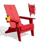 Krikacy Folding Adirondack Chair with Cup Holder, Weather-Resistant HIPS Plastic, Durable Outdoor Furniture for Fire Pit, Deck, Yard, Pool, Porch - Red