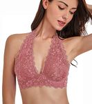DotVol Women's V Neck Unpadded Floral Lace Halter Bralette Wirefree Top Bustier(XL, Coral)