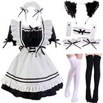 GKMAJKMB Japanese Maid Outfit Anime French Maid Apron Classic Lolita Fancy Dress Cosplay Costume for Halloween Party With Furry Cat Ear Socks Set (Asia L(US-S))