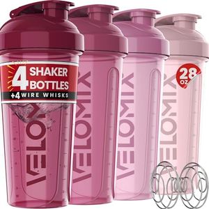 VELOMIX -4 PACK- 28 oz Shaker Cups for Protein Shakes - 4x Wire Whisk | Leak Proof Protein Shaker Bottles for Protein Mixes | Protein Shaker Bottle Pack | Mixer for Protein Shakes (Burgundy Frost)