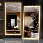 CASSILANDO Full Length Mirror with LED Lights, Free Standing Floor Mirror, Wall Mirror, Color Dimmable and Brightness Adjustment for Bedroom, LED, White with Stand, 180 x 80 cm