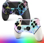 AceGamer 2 Pack for PS4 Controller Wireless, RGB Light and Turbo Function, White and Black Crack Custom Design V2 Gamepad Joystick for PS4, Compatible with PS4, Slim, Pro and PC