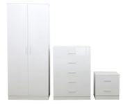 Reflect 3 Piece Bedroom Furniture Sets - 2 Door Plain Wardrobe + 5 Drawer Chest of Drawers + 2 Drawer Bedside - 4 Available (White/White)