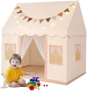 KIDBOT Kids Play Tent Indoor, with 3 Breathable Windows, Star Lights & Flag Banner Included, Large Playhouse for Kids, Toddler Tent for Boys & Girls, Beige