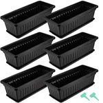 HAKZEON 6 Pack 17 Inches Plastic Flower Box Planters with Trays, Countryside Flower Window Boxes with 30 Plant Labels, Black Rectangular Vegetable Planters for Windowsill, Porch, Balcony, Garden