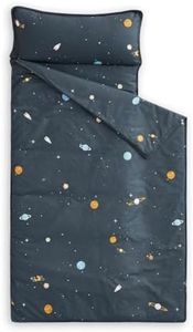 Wake In Cloud - Nap Mat with Removable Pillow for Kids Toddler Boys Girls Daycare Preschool Kindergarten Sleeping Bag, Space Stars Rockets on Grey Gray, 100% Cotton with Microfiber Fill