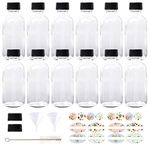 HWASHIN 12 Pack 2 oz Clear Boston Round Glass Bottles with Black Caps for Potion, Juice, Essential Oils (1 Brush, 2 Funnels and 24 Pieces Labels Included)