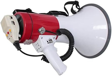 LTC - MEGA50USB - Rechargeable 50W Megaphone with Detachable Microphone, Siren, USB, SD, AUX and MP3 Control, Handgrip, Shoulder Strap and Message Recording - White & Red