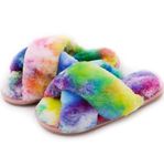 Crazy Lady Women's Fuzzy Fluffy House Slippers Cute Plush Memory Foam Shoes Cross Band Indoor Outdoor Open Toe Sandals, Rainbow, 7-8