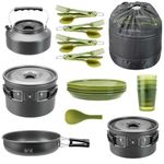Trail Camping Cookware Set, 4 Person Camp Cooking Kit, Non Stick Hard Anodised Aluminium, 2 Lidded Cook Pots, Frying Pan, Kettle, Spatula, 4 Cups, Plates & Cutlery Sets, Lightweight Stackable with Bag