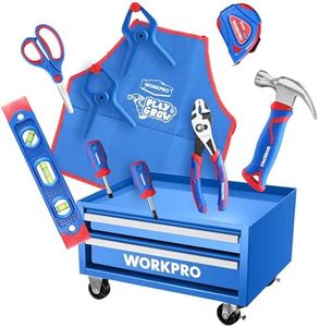 WORKPRO Kids Real Tool Set with 12 Inch Steel Tool Chest with Wheels, 10PCS Boys First Tool Set with 2 Drawers Blue Metal Rolling Tool Chest, Kids Woodworking Tools for DIY, Home Repair