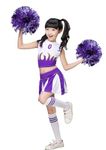 Little Girls' Halloween Cheerleader Costume Crop Tank Pleated Skirt Set Cheer Outfit with Pom Pom(purple, 6-7)