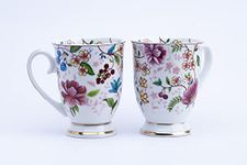 GOLDEN QUEEN'S Footed Series - Milk & Coffee Mug, 300 Ml - Set Of 2 (Multicolour - Floral) (Bone China), 300 Milliliter