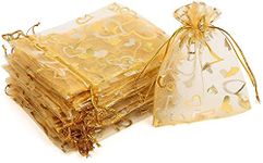 CCINEE 100pcs Heart Organza Gift Bags,Gold Drawstring Jewelry Pouch Bag for Valentine's Day Wedding Party Favor Supply,3.5 x 4.7 Inch