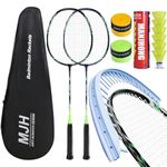 MANJHONG 2 Player Aluminum Badminton Rackets, Lightweight Badminton Set with Shuttlecocks, Grip Tapes & Racquet Bag, Black(6X Birdies)