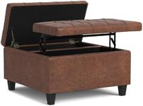 SIMPLIHOME Harrison 30 inch Wide Transitional Square Small Square Coffee Table Storage Ottoman in Distressed Saddle Brown Vegan Faux Leather for The Living Room and Bedroom