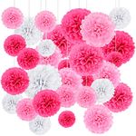 24Pcs Mixed Tissue Paper Pompom Pom Pom Hanging Garland Wedding Party Decorations, Pink Pom Pom Decorations for Wedding Valentine's Day Party Birthday Baby Shower Anniversary (6"8"10"12")