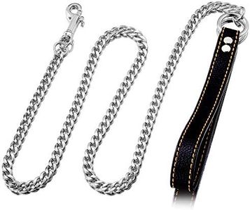 W/W Lifetime Chain Dog Leash Metal Chew Proof Leash 4.5FT Heavy Duty Pet Leash Chain with Leather Padded Handle for Large Medium Dog(11MM, 4.5ft)