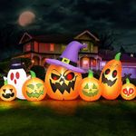 8FT Long Halloween Inflatables Outdoor Decorations, Haunted Inflatable Pumpkins with Witch Hat & Ghost Combo Blow Up Yard Decoration Built-in LEDs Gonflable for Lawn Garden Outside Exterieur Decor