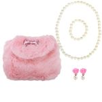 kilofly Little Girls Plush Purse Handbag Shoulder Bags + Faux Pearl Jewelry Set