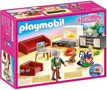 Playmobil 70207 Salon avec cheminée - Dollhouse - avec Deux Personnages, Une cheminée, canapé-lit, Fauteuil et Buffet - pour aménager la Grande Maison Traditionnelle - Dès 4 Ans