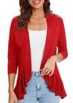 Urban CoCo Women's Casual Lightweight Open Front Cardigan Soft Draped Ruffles 3/4 Sleeve (Red, L)