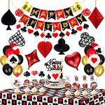 58pcs Casino Poker Party Decorations,Poker Theme Birthday Banner Garland, Foil Balloons, Honeycomb Pom Poms,Cake Cupcake Topper and Tablecloth for Las Vegas Night Casino Birthday Supplies